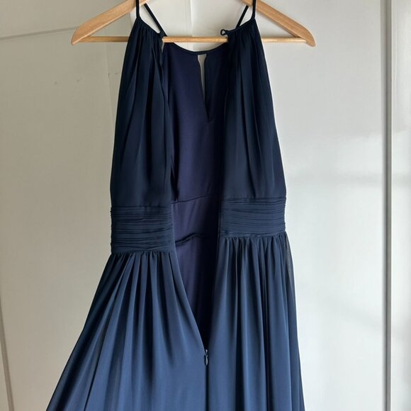 Bill Levkoff High-Neck Keyhole Chiffon Floor Length Bridesmaid Dress in Navy - Picture 8 of 13